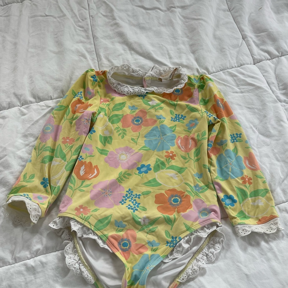 The Beaufort Bonnet Company Girls Floral Swimsuit with Lace Trim
